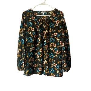 Women's Large Soft Olive Green Mustard Blue Floral Cottage Work Casual Blouse